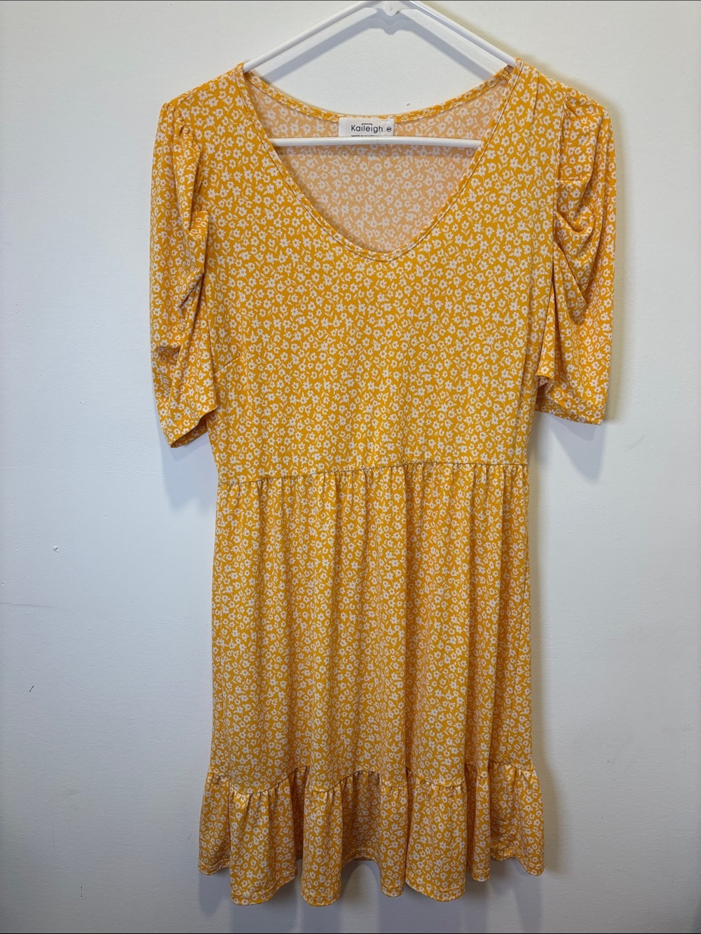 Kaileigh Womens Yellow Floral Midi Dress with Ruffle Hem Medium petite